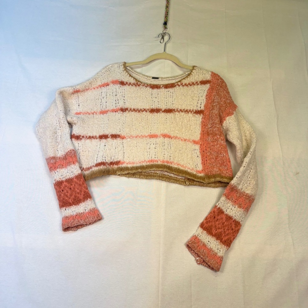 Free People Cropped Knit Sweater Striped Boho Cream Coral Small